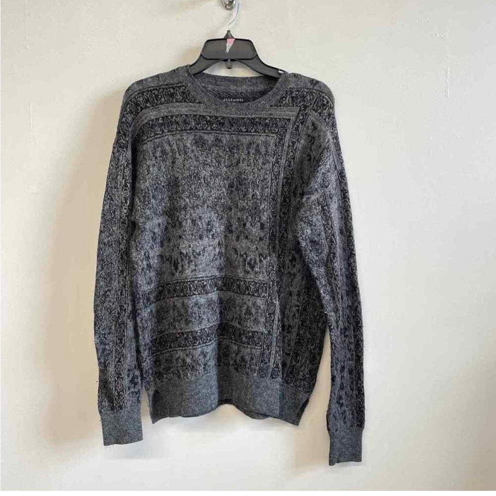 Allsaints Men's Mottram Crew Sweater Gray/Black Wool Linen Alpaca Blend Size XS